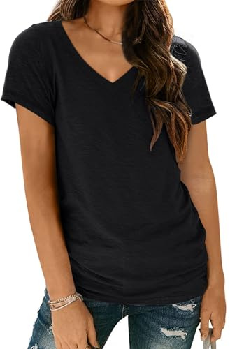 AUTOMET Womens V Neck T-Shirts Summer Tops Short Sleeve School Outfits Casual Basic Tees Tunic Fashion Trendy Comfy Clothes 2026 Black L