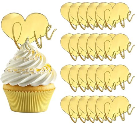 URROMA Love Heart Cake Topper, 20pcs Gold Acrylic Cake Disc Mirror Heart Cake Topper for Valentine's Day Engagement Anniversary Bridal Shower Party Cake Decor