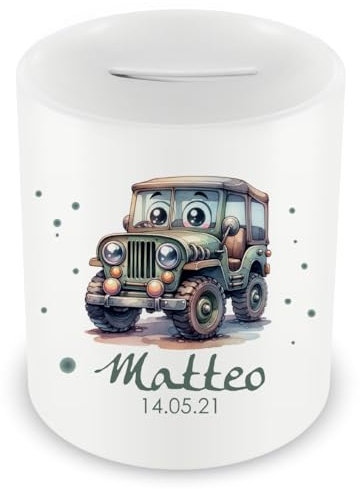 Samunshi® Kinder Spardose mit Namen und Süßer Jeep als Motiv für Kinder - Jungen und Mädchen Sparschwein 330ml weiß