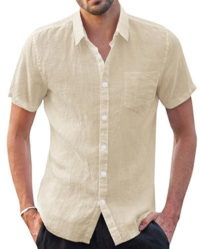 Rodawu Mens Linen Shirts Short Sleeved Shirts Summer Hawaiian Shirts Casual Cotton Grandad Shirt Plain Khaki Shirt Men XL