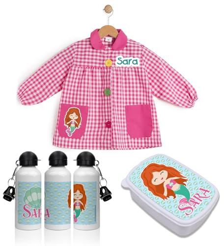 Tartas de pañales y más PACK VUELTA AL COLE Babi/mandilón/bata, botella y fiambrera personalizada. Ideal para ir al colegio o guardería. Regalos personalizados. Diferentes modelos a elegir (Sirenita)
