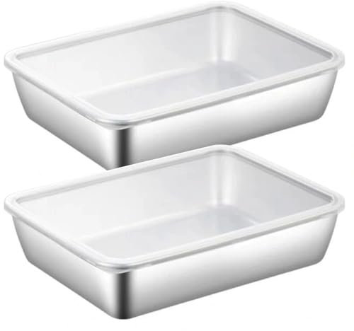 2 piezas Placa cuadrada de acero inoxidable con tapa, bandejas de acero inoxidable de 10x8x2 para alimentos, molde para hornear cuadrado apilable con fondo plano, sartén fácil de limpiar con tap