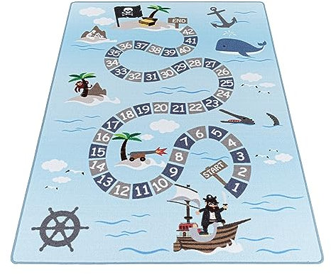Stilvoll Günstig by ELMM Kinderteppich Teppich Kinderzimmer Spielzimmer Blau 140 x 200 Piraten-Design Kurzflor