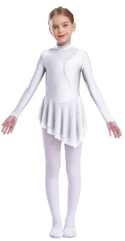 Xnihocha Kinder Mädchen Ballettkleid Langarm Strass Eiskunstlauf-Kleid Rollkunstlauf Tanz Leotard Ballettkleidung Weiß 110-116