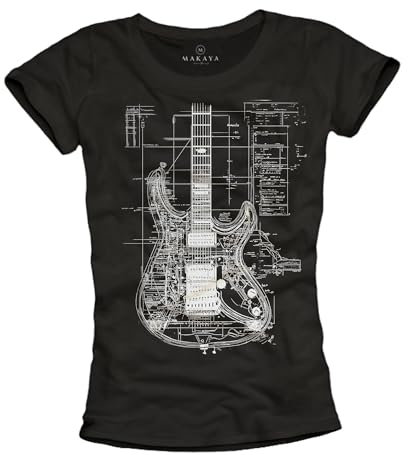 MAKAYA Damen T-Shirt mit Gitarrenmotiv Musik Geschenke Gitarren Print Top Design Rock Band Schwarz M