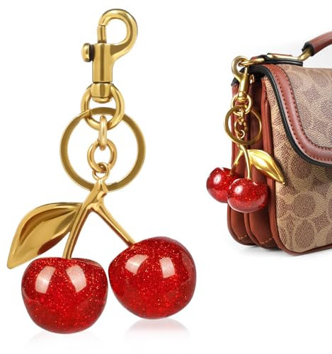 Qaestuan Porte-Clés Cerise Personnalisé, Breloque Dorée en Forme de Cerise, Accessoire de Décoration pour Voiture, Sac ou Clé, Cadeau Saint Valentin