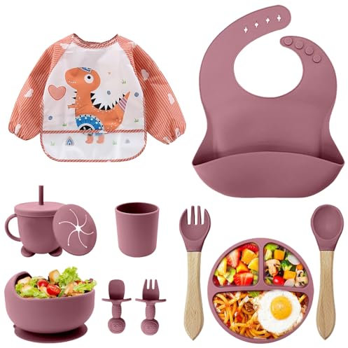 Baby Weaning Set, 11PCS Silicone Baby Plate with Suction Cup, Silicone Baby Bib, Spoon, Fork & Sippy Cup, Baby Tableware - Baby Dinnerware Set, Baby Gifts & Presents (Pink)