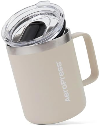 AeroPress Reise-Kaffeebecher mit Henkel, Doppelwandiger Edelstahl mit Vakuumisolierung und Spritzgeschütztem Schiebedeckel, Für Heiße oder Kalte Getränke Geeignet, Spülmaschinenfest, 350 ml, Crème
