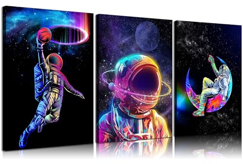 3 x coole Astronauten-Leinwandkunst, Universum, Weltraumjunge, Wanddekoration, Bilder, lustig, skurril, Raumfahrer, Basketball, Poster, Drucke Gemälde für Teenager, Jungen, Zimmer, Wohnzimmer,