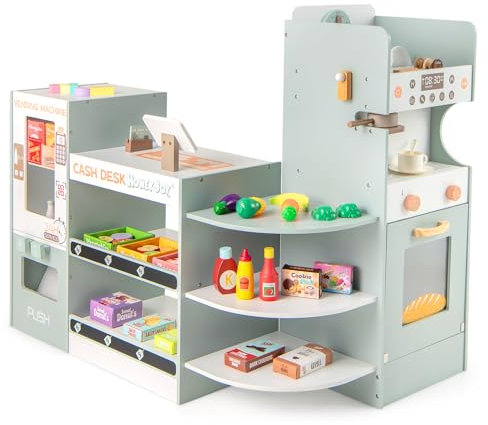 DREAMADE Kaufladen Kinder, Kaufmansladen Holz mit realistischer Kasse & Verkaufsautomat, Spiel-Supermarkt mit Zubehör & Kaffeemaschine, Verkaufsstand Spielzeug Set für Kinder ab 3 Jahren (Grau+Weiß)