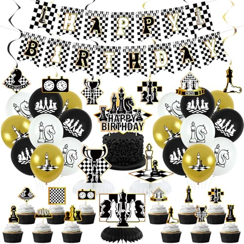 Obussgar Schach Geburtstag Party Dekorationen - Schach Party Zubehör einschließlich Happy Birthday Banner, Spiralen, Cake Toppers, Tisch Centerpieces, Luftballons (LQ)