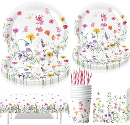 Lot de 61 vaisselle de fête pour anniversaire d'enfant, décoration avec assiettes, gobelets, serviettes, nappe, pailles, vaisselle de fête pour 10 invités