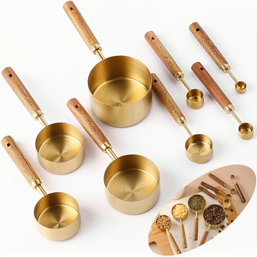 8Pcs Measuring Cups and Spoons Set - Golden Stainless Steel Measuring Cups with Wooden Handle, Metal Measuring Spoons Set Nesting Kitchen Measure Set for Kitchen/Food/Baking (8Pcs Wooden Handle)