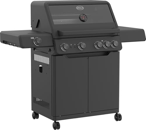 RÖSLE ALLFLAME Hero 4 Barbacoa de Gas - 4 Quemadores (3.5 kW c/u), BACKBURNER, Superficie de Cocción 70x45 cm, Parrillas de Fundición, Aluminio Fundido, Tapa con Inserción de Cristal, Negro
