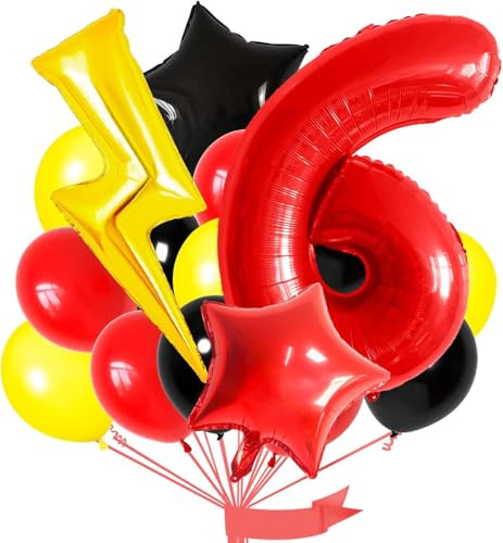Luftballon Blitz 6 Jahre 16 Stück Schwarz Rot Gelb Latexballons Blitz Folienballon Stern Ballons für Junge Deko 6. Geburtstag
