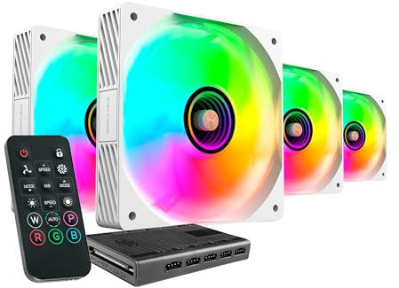 Mars Gaming MF-SI4KIT, Kit 4x Ventiladores Ultrasilenciosos 120mm, Iluminación ARGB Infinity Mirror, Rodamientos FDB y Núcleo de Cobre, Mando a Distancia y HUB, Compatibilidad Total ARGB, Blanco