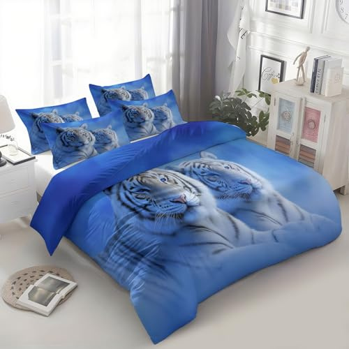 Srigzcaly Tier Traumhafter Weißer Tiger Kinder Bettwäsche 135x200 cm, Mikrofaser Bettwäsche-Set für Jungen Mädchen, Atmungsaktiv Luxuriöser Weicher Blau Bettbezug mit Reißverschluss und Kissenbezug