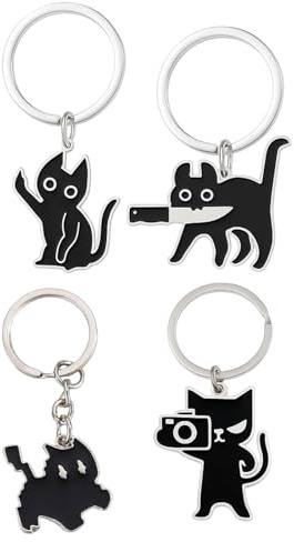 Qnvyw 4Stück Schlüsselanhänger Katze, Lustige Schwarze Katze Design für Katzenliebhaber, Süßes Katzen Geschenk für Frauen & Mädchen, Edelstahl Keychain für Tasche