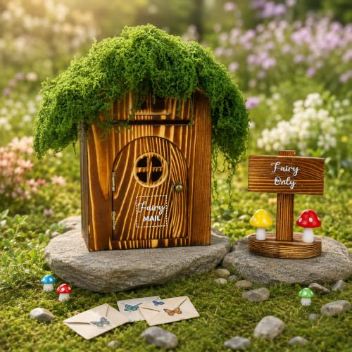 JULEASEL Woodland Fairy Mailbox w/Fake Moss Roof, Magical Wooden Mail Box | 30 Fairies Letters, Envelopes, Fairyland Map & Mushrooms – Enchanting Fairy Garden Decor & Pretend Play Fairy Kit for Kids