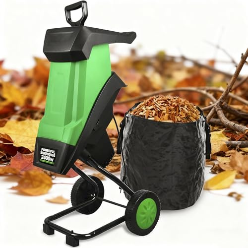 Biotrituratore elettrico da giardino, diametro di taglio 1,5, cippatore da 2400 W e sacco di raccolta da 50 l, trituratore di foglie leggero e portatile