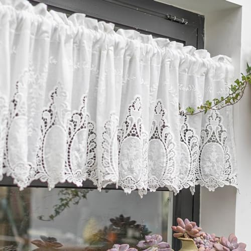 Ricemru Weiß Scheibengardinen Landhausstil Baumwolle mit Hohlstickerei Barock,Kurz Halbtransparent Bistrogardinen Chic,Kurzvorhang Halb Gardinen Fenster Wohnzimmer Küche 100x40