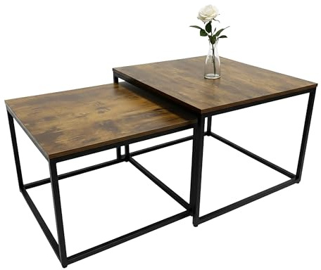 Relaxdays Satztisch 2er Set, Industrial Design, 65 cm & 75 cm, Holzoptik & Metall, eckige Beistelltische, braun/schwarz