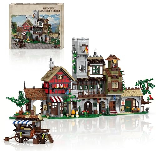 Mocbuiie Klemmbausteine Mittelalter Marktplatz 3021 Teile | Modulares Dorfstraßen, Ritterburg Bausteinset für Erwachsene, Kompatibel mit Barweer BWR006
