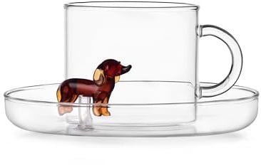 Ichendorf Milano Tazza Tè con Piattino Bassotto, Collezione Dogs, 30 cl, Vetro Borosilicato, Fatto a Mano