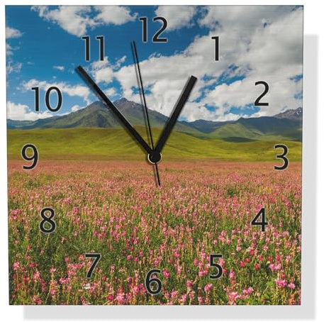 Wallario Design Wanduhr Berglandschaft im Sommer aus Aluverbund, Alu-Uhr Größe 30 x 30 cm, Schwarze Zeiger mit Metalloptik