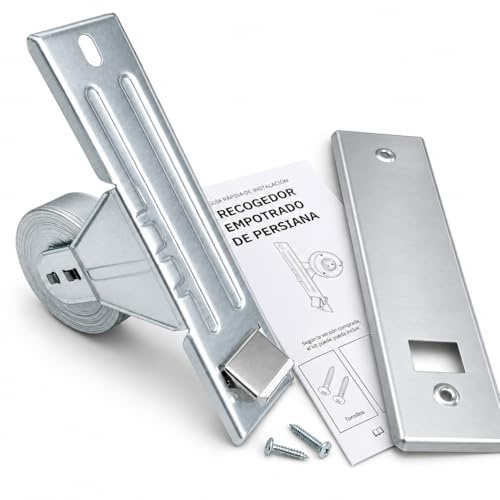Recogedor de Persiana Empotrado con Frontal Embellecedor Aluminio, Mecanismo 18,8 x 4,8 x 11 cm, Repuesto para Cinta hasta 22 mm con Tornillos y Guía, Enrollador Embutir/Encastrar
