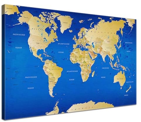 Stilvolle Pinnwand Weltkarte - Blau - Deutsch in 120 x 80 cm, stabile Rückwand zum Pinnen inkl. Starterkit - Leinwand-Kunstdruck Wandbild Landkarte XXL