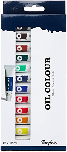Rayher Hobby 38918000 Ölfarben-Set, 12 Farben, je Tube 12 ml, ideal für Keilrahmen, Leinwand, Malkarton, für Anfänger und Künstler