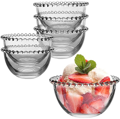 Set of 6 Modern Bella Perle Glass Dessert Fruit Bowls with Beaded Edge