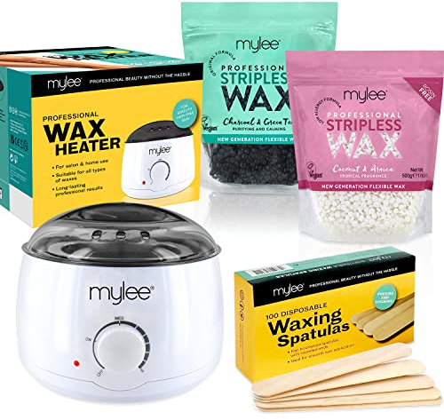 Mylee Professional Waxing Kit with Wax Heater, Hard Wax Beads 500g, Spatulas - Stripless Depilatory Waxing Pellets Solid Film Beans No Strip Needed, Made in The UK (Both Wax Pouches)