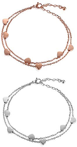 Cupimatch 2PCS Herz Armband Damen Fusskettchen Herzen Armkette Silber rosegold Fußkette Fusskette, Doppelt Kette Armband für Frauen Mädchen, 23cm