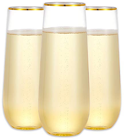 N9R 12PCS Plastic Champagne Flutes, 9 oz Stemless Disposable Gold Rim Toasting Glasses, Crystal Clear Cocktail Cups Drinkware Shatterproof Ideal for Party Wedding Birthday