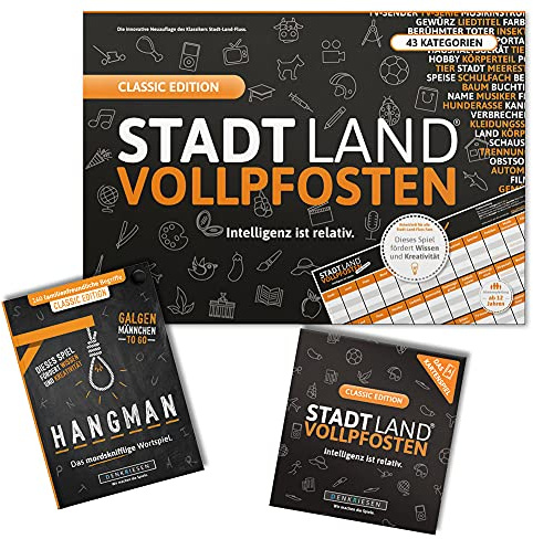 DENKRIESEN Trio Classic | Stadt Land VOLLPFOSTEN, Kartenspiel & Hangman | Drei klassische Wortspiele, Kartenspiele und Rätselspiele für Familie, Reisen und Spieleabende.