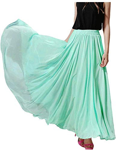 keland Damen Sexy Maxi Lang Chiffon Rock Hohe Taille Plissee A-Linie Ausgestellte Röcke (Z-Minz Grün, M)