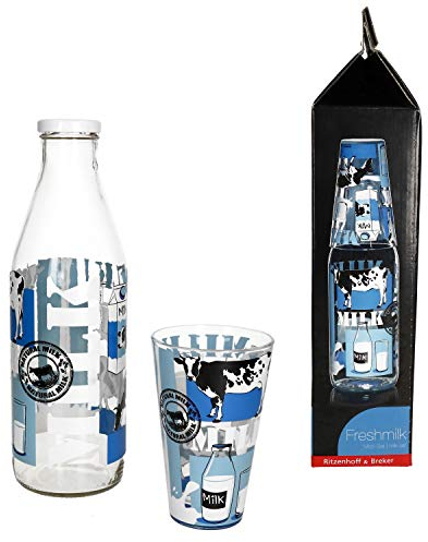 MamboCat Milchflaschen Set Natural Milk I Flirt Milchglasflasche 1 L mit Schraubverschluss und 310 ml Trinkglas mit Motiv I Designer Weithalsflasche Trinkflasche I Leere Flasche zum Befüllen 1000ml