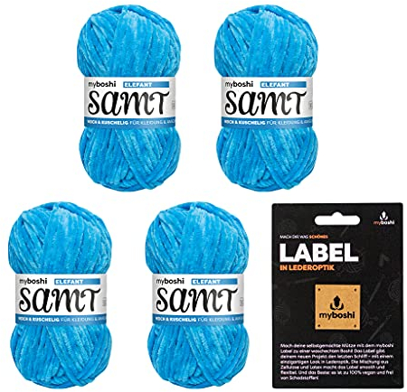 myboshi Samt-Wolle, inkl. original myboshi Label in Lederoptik, weiches Chenille-Garn, Ll. 100m/50g, für Amigurumi und Kissen, 100% flauschige Polyester Blau (Elefant) 4 Knäuel