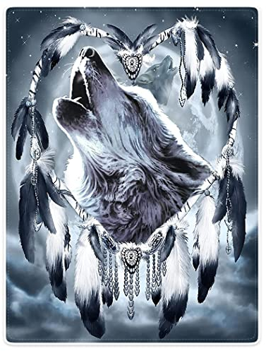 Violetpos 150 x 200 cm Flanell Decke Weich Fleecedecke Kuscheldecken SanftBettüberwurf Wolf Seele Herzförmiger Traumfänger