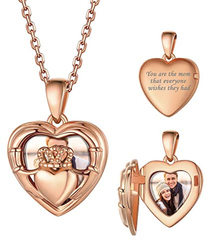 Bestyle Collana Argento Personalizzata Foto Ciondolo Argento 925 Portafoto A Cuore Oro Rosato Ciondolo Foto 40/45/55+ 5 cm Regolabile