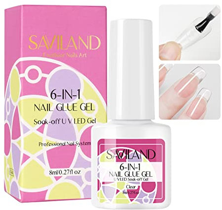 Saviland 8ml Gel Nail Glue - 6-IN-1 Nail Glue Extra Strong Adhesive for Acrylic Tips Fakes Tips, Gel Glue for Nail Repair Extension, Professional Super Strong Nail Glue for Nail Art