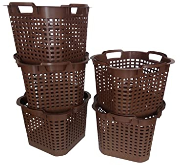 BURI 5x Erntekorb Kartoffelkorb Gartenkorb lebensmittelecht, 25L - Laubkorb Obstkorb Gemüsekorb 40x40x30cm Drehstapelkorb - HDPE Kunststoffkorb Vorratskorb stapelbar, braun, extrem robust