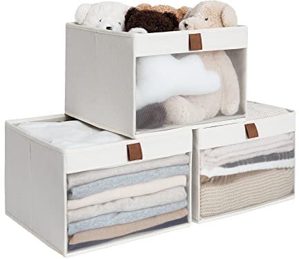 StorageWorks Wardrobe Storage Boxes, Large Storage Baskets with Clear Window and Handles, Closet Storage Bins for Shelves Organising Clothes, Foldable Fabric Cubes Organiser, Beige, 3 Pack