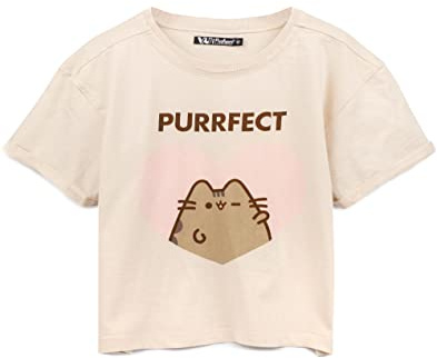 Pusheen the Cat Pusheen Cropped T-Shirt for Women | Ladies Cartoon Animal Tabby Cat Purrfect Cream Top Merchandise