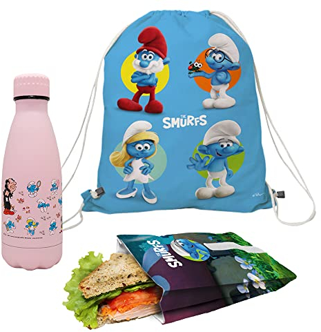 Nerthus FIH 1084 Set Rucksack + Sandwich Tasche + Doppelwandflasche 350 ml Schlümpfe