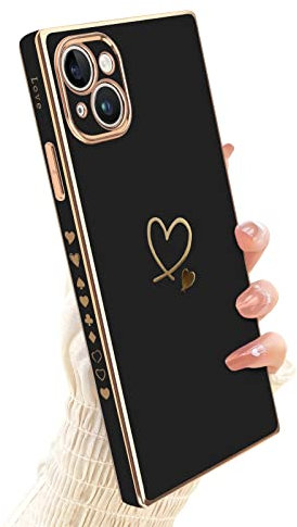 Newseego Compatible with iPhone 14 Plus Case, Square Cute Plating Love-heart Pattern 14 Plus Phone Case for Women Girls TPU Shockproof Full Camera Lens Protection iPhone 14 Plus Case + Chain -Black