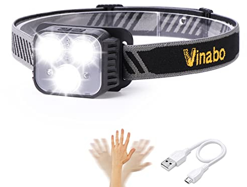 Vinabo Linterna Frontal Recargable, Sensor de Movimiento de Linterna Frontal LED Ultra Potente, 6 Modos de Luz,IPX4 Impermeable Ajustable y Liviana para Pesca, Camping, Senderismo, Ciclismo, Correr