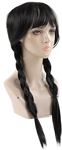 Lange Doppelzopfperücke, Mittwochs-Addams-Perücke für Kinder, hitzebeständige, verstellbare, geflochtene Cosplay-Perücke mit Pony